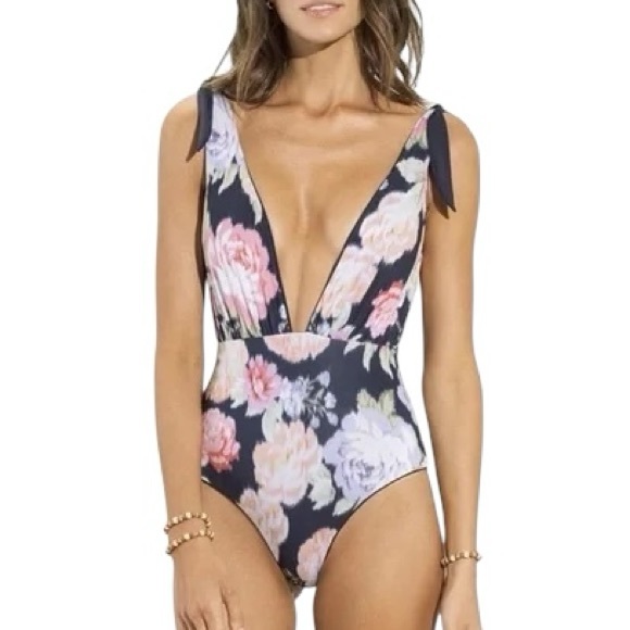 MAAJI eco friendly floral solid navy reversible one piece V front swimsuit NWT - Picture 1 of 13